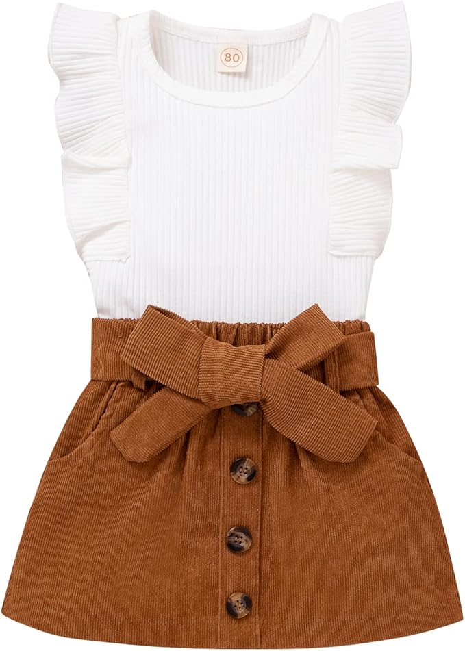 女童服装罗纹纯色荷叶边无袖 t 恤上衣腰带迷你裙女婴春夏服装