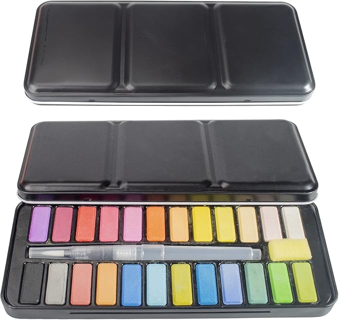 2 盒水彩颜料套装便携盒旅行水彩套装 24 种生动色彩,锡盒内适合艺术