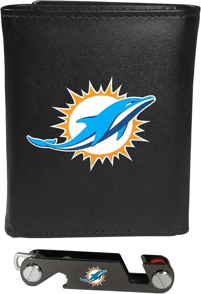 siskiyou sports nfl 迈阿密海豚皮革三折钱包和钥匙收纳袋,均码,黑色