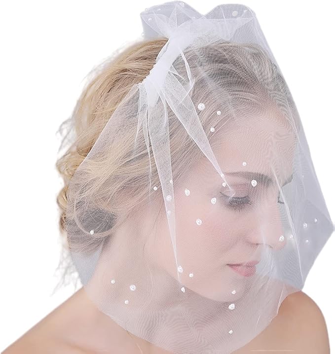 joydwell 新娘短款婚礼头饰面纱鸟笼脸迷人优雅美丽珍珠薄纱发梳白色