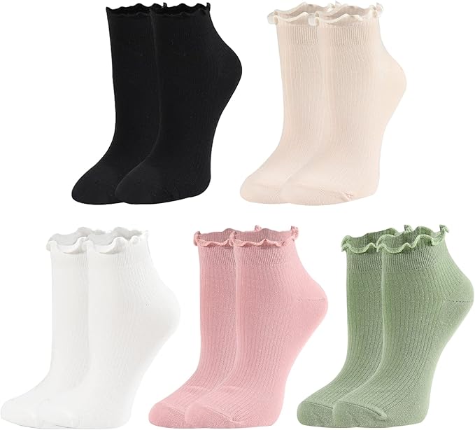 echolife 5 双装女士女孩褶皱脚踝袜棉质生菜翻边低帮休闲褶边正装袜