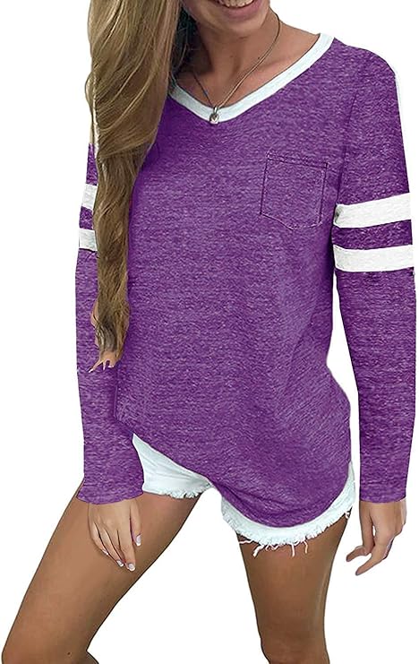 misslook 女式拼色衬衫棒球 t 恤长袖条纹束腰衬衫上衣 紫色 large