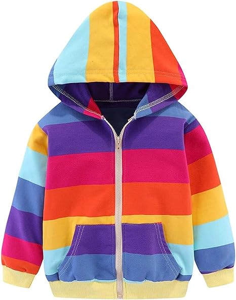 幼童女婴拉链连帽衫夹克彩虹运动衫带口袋彩色条纹外套尺码 2-7 岁