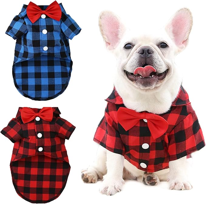 2 件装经典格子狗狗衬衫,小绅士小狗衣服带蝴蝶结可爱小狗 t 恤背心