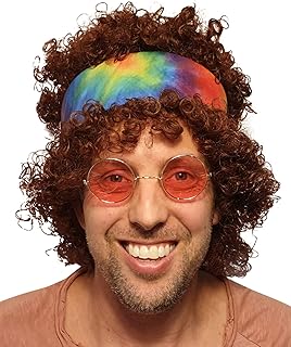 黑人嬉皮士假发带扎染头巾卷发棕色适用于所有 60 年代 70 年代嬉皮