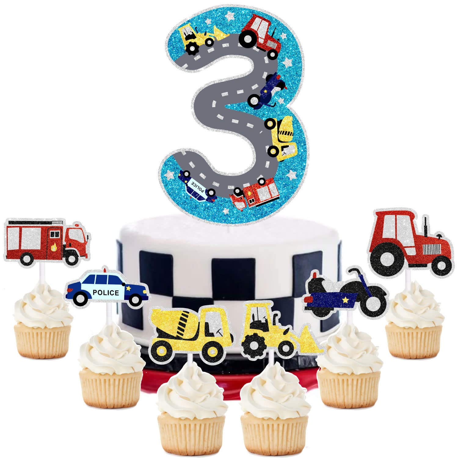 Transport Truck 3 Year Birthday Cake Decoration 7-piece set - Construction truck themed Party or emergency themed party decoration for boys or girls - SugarGera