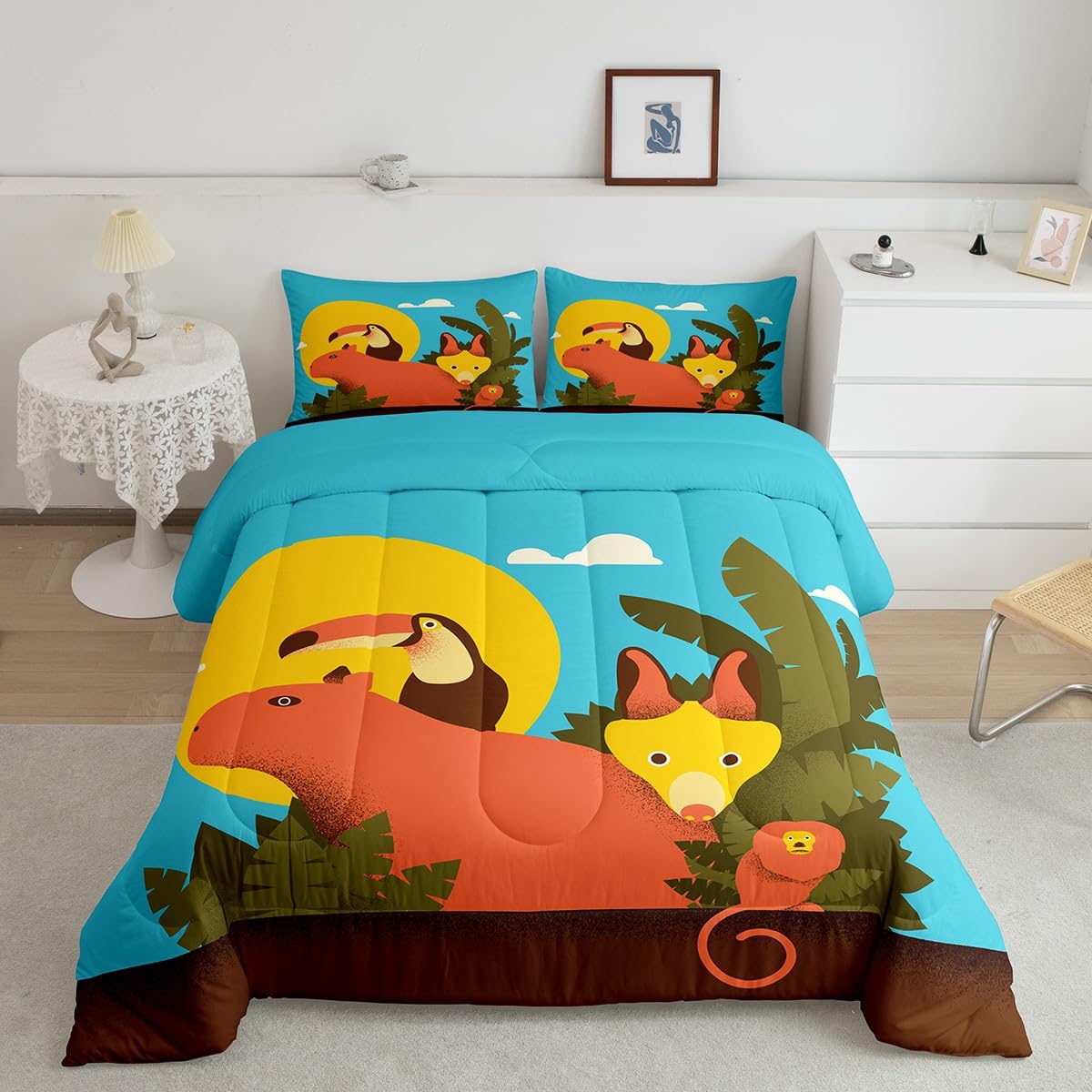 Tropical Animal Bedding comforter Set Single Bed Size Cartoon Capybara Toucan comforter Set Golden Lion Tamarin Bedding Jungle Brazilian Animal duvet core suitable for children teen adult rainforest r