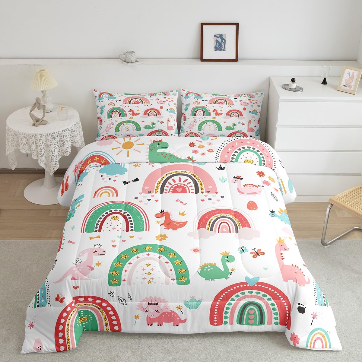 Feelyou Rainbow Quilt Set Full Size with 2 pillowcases Colorful striped quilt Multicolor Rainbow bedding Set Cute Dinosaur quilted duvet set suitable for children and adults