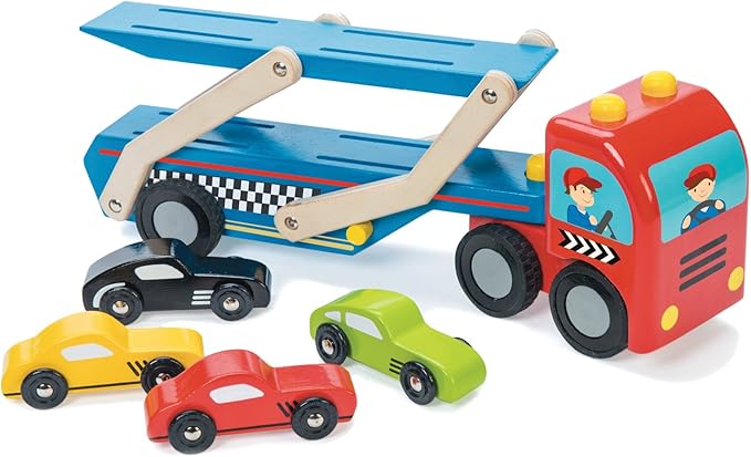 le toy van - 木制赛车运输车玩具玩具套装 - 包括 4 个木制玩具车