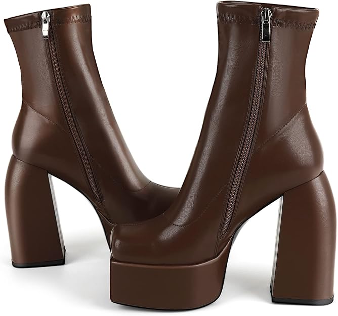 hannah 粗跟厚底靴 黑色及踝靴 哥特式靴 女式方头 宽脚侧拉链 pu