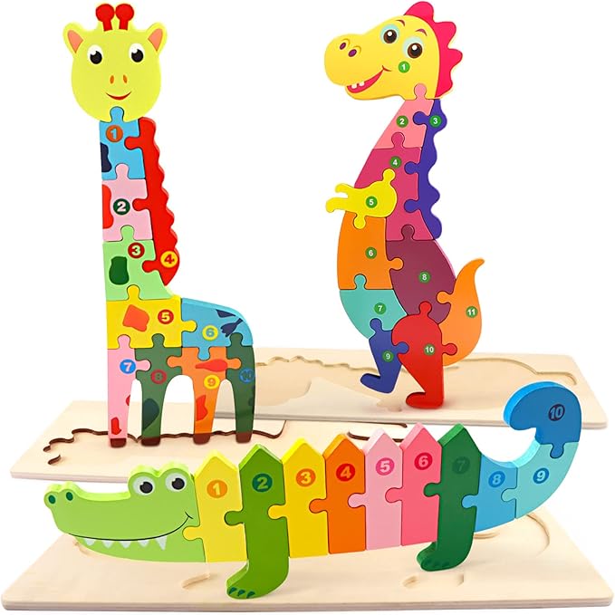 幼儿木制拼图, 3 件装动物恐龙鳄鱼长颈鹿,彩色木质编号拼图婴儿儿童