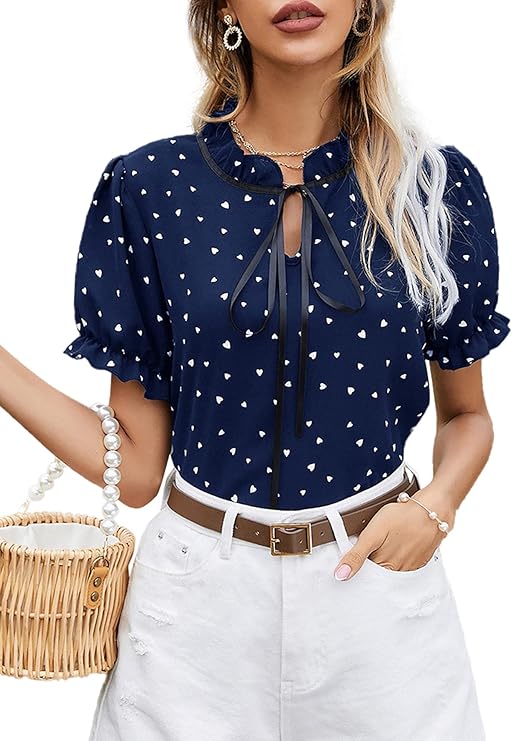 lyaner 女式波尔卡圆点褶皱领短袖办公室优雅衬衫上衣