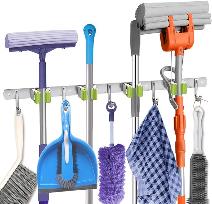 扫帚架壁挂式不锈钢扫帚架自粘重型挂钩收纳收纳架,带 4 个架子,5 个
