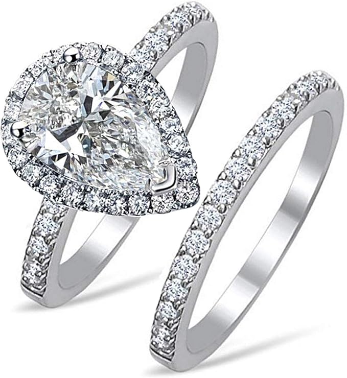 101 facets 逼真 2 克拉梨形模拟钻石戒指套装 925 银