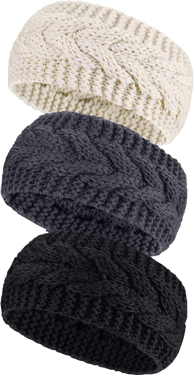 angjiny 3 件装女式冬季头带柔软弹力耳套绞花针织厚实温暖钩针编织头