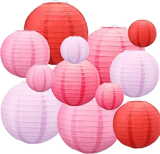 12 件粉色纸灯笼派对装饰中国日本红纸灯笼球圆形挂灯适用于情人节