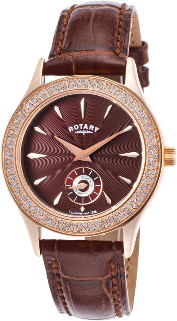 rotary ls02907/16 女士时装水晶棕色表盘和皮革表带