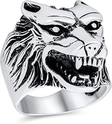 个性化猎人动物挪威勇士标志凶猛咆哮的大狼头戒指男士氧化 925 纯银