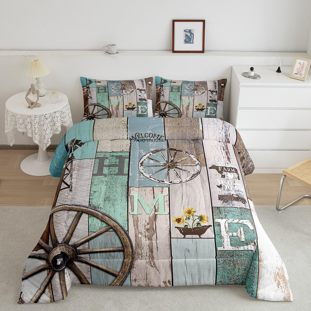 Western Country Wind Quilt Queen Cottage Quilt Bedding Set for Children Adult Men and Women, Farm Animal Sunflower Wheel Quilt Set Vintage Barn Door Windmill duvet Blue * Home Room decor 3-piece set