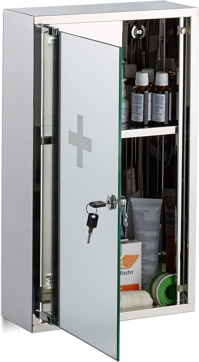 relaxdays 不锈钢制药柜,可锁定镜门,2个隔层,药柜,高宽深:50 x 30 x