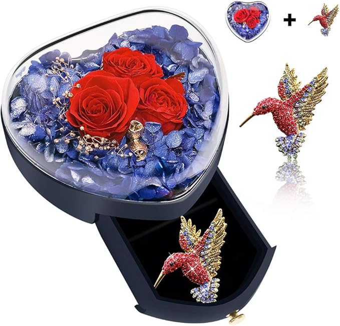 acelist 红玫瑰心形礼盒,带蜂鸟胸针的魔法真玫瑰,永恒玫瑰花,首饰盒