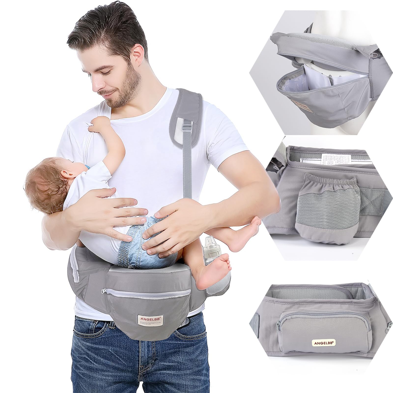 Waist stool Ergonomic baby stand Lightweight toddler carrier Baby Carrier for 0-6 months Hips Zipper Pocket & Shoulder Strap (gray)