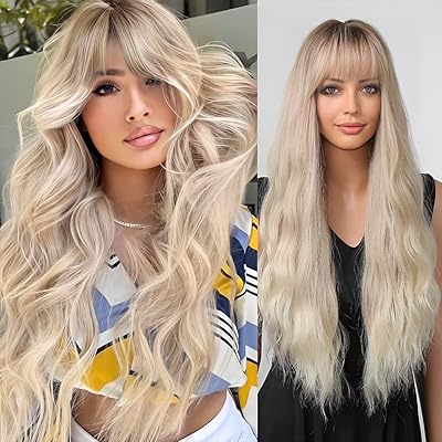 beron 金色假发带刘海渐变色金色假发女式长波浪假发金发假发,适用于