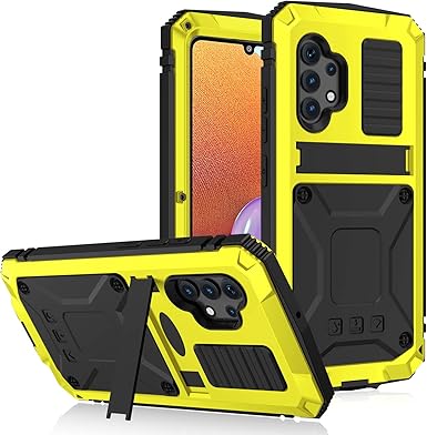 兼容三星galaxy A32 4g 防水手机壳 耐用加工铝金属防震保护套 带内置屏幕保护膜和支架 适用于galaxy A32 4g 黄色 Galaxy A32 4g 亚马逊中国 手机通讯
