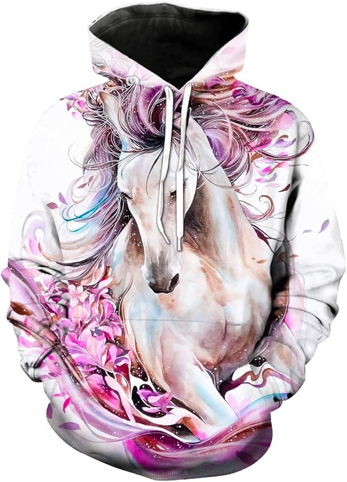 generie中性款马图案3d印花连帽衫酷炫动物印花连帽衫运动衫