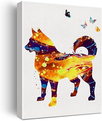 西伯利亚哈士奇水彩印刷狗画帆布墙艺术彩色现代宠物狗肖像海报帆布