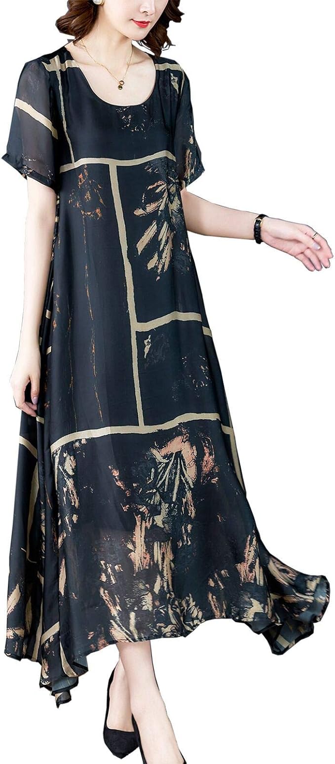 yeye dresses 女士夏季连衣裙宽松复古印花 a 字圆领短袖长丝绸裙