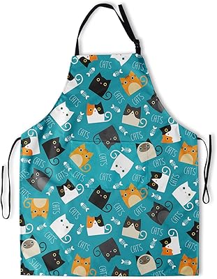 有趣可爱的猫围裙,带 2 个口袋和可调节颈部厨房烹饪烧烤围裙,适合