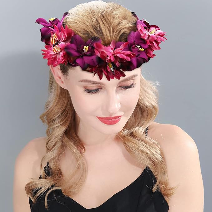 女式花朵头箍发圈皇冠花卉婚礼花环光环头饰带丝带节日情人节照片道具