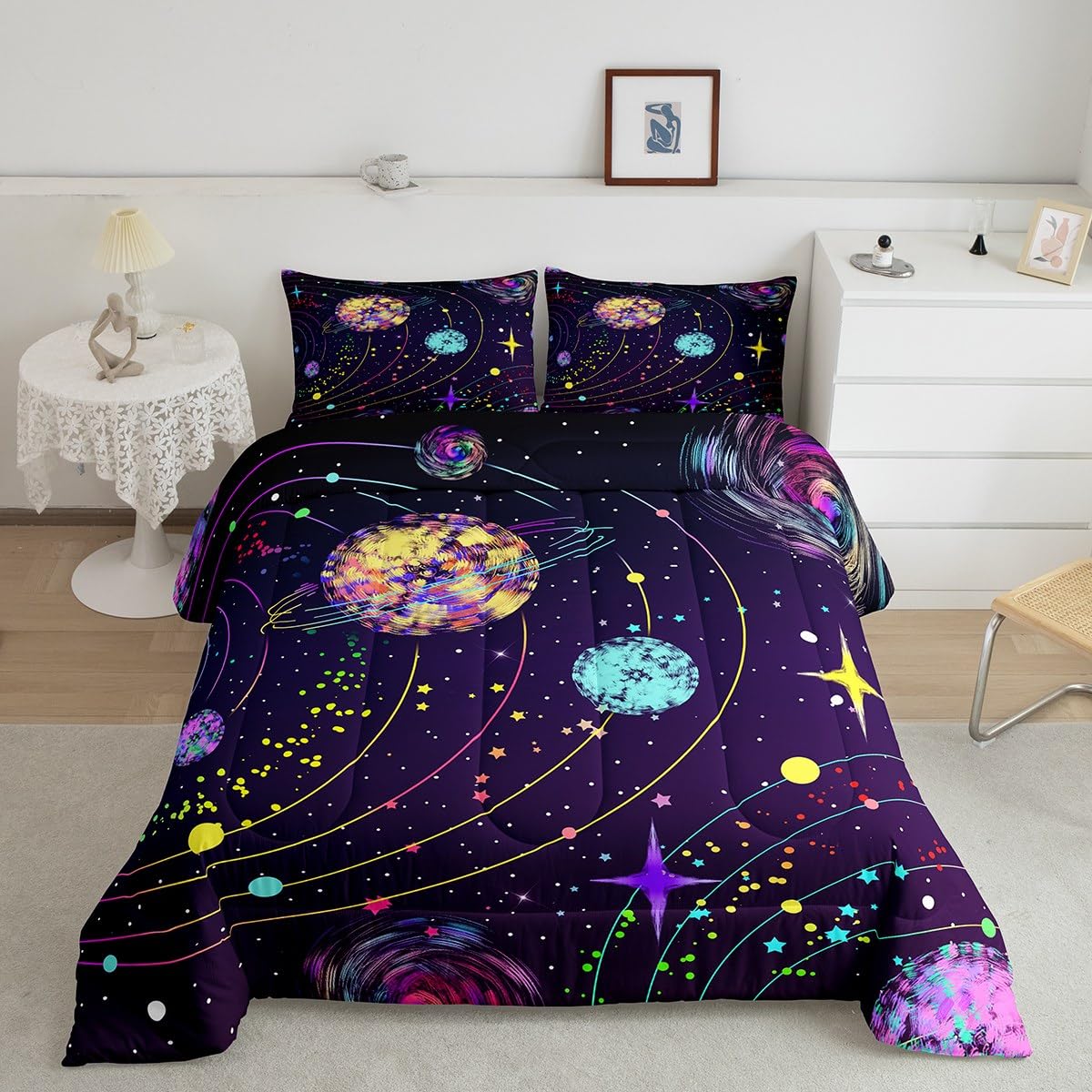 Feelyou Solar System Quilt Set Large Outer Space Quilt suitable for kids Teen Adult Space Planet bedding Set Cute Astronaut purple duvet set Room Decoration 3-piece set with 2 pillowcases