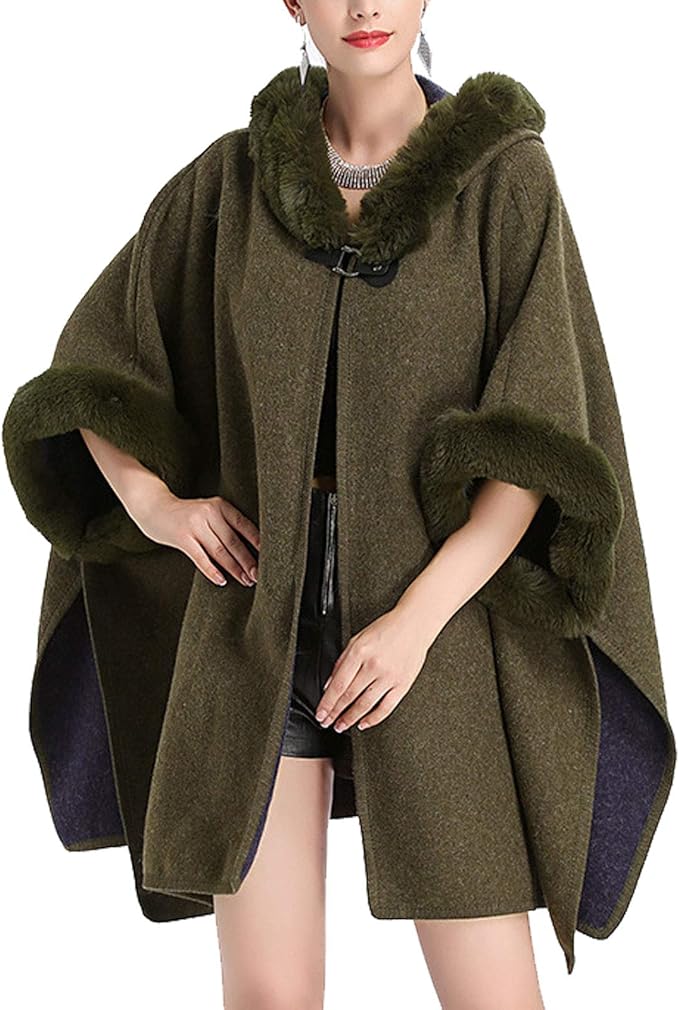 flygo 女式人造毛皮连帽加大码斗篷蝙蝠袖毛衣披肩