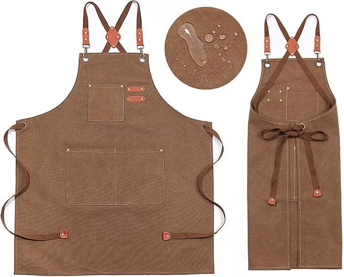 patiwon 加厚帆布围裙男士女士厨师围裙带口袋可调节交叉背工具用于