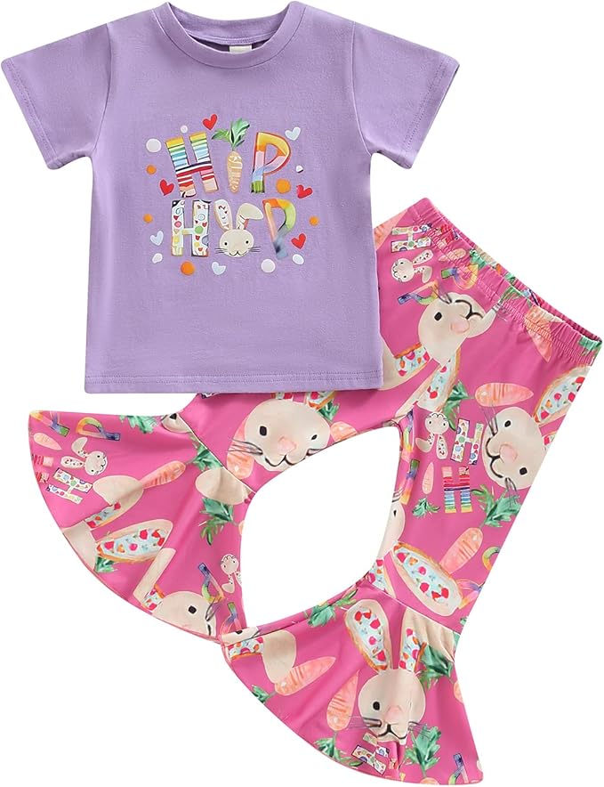 幼儿女婴复活节服装兔子短袖 t 恤上衣花卉喇叭喇叭喇叭裤夏季服装