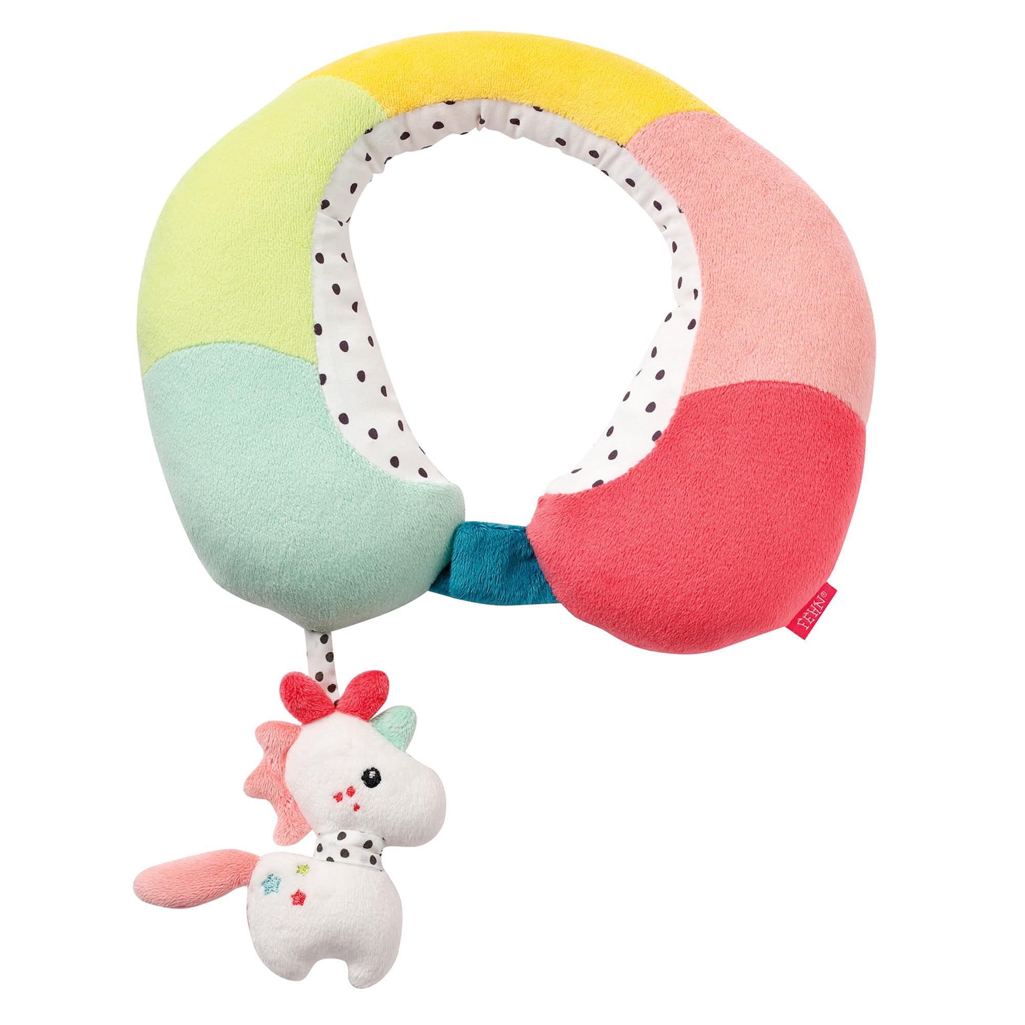 Fehn 057294 Neck Support Unicorn - Neck pillow with a small rattle animal - The ergonomic neck pillow shape supports, eases and provides support in a car, baby seat or stroller
