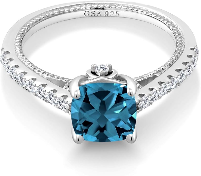 gem stone king 925 纯银伦敦蓝托帕石和白色人造蓝宝石女式订婚戒指