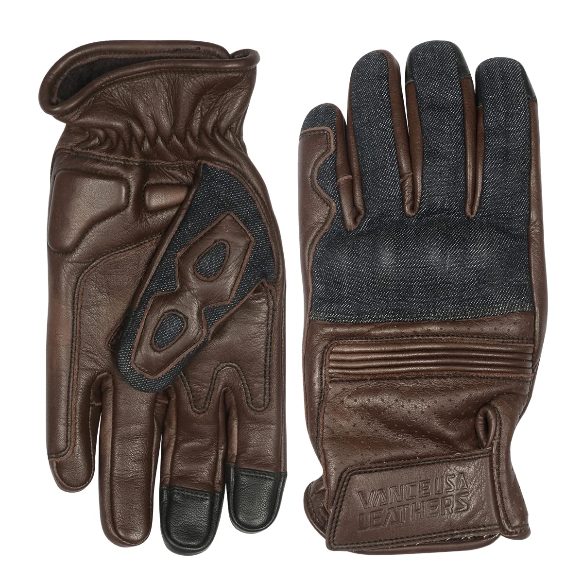 Denim & Leather Motorcycle Gloves (brown) with mobile phone touch screen
