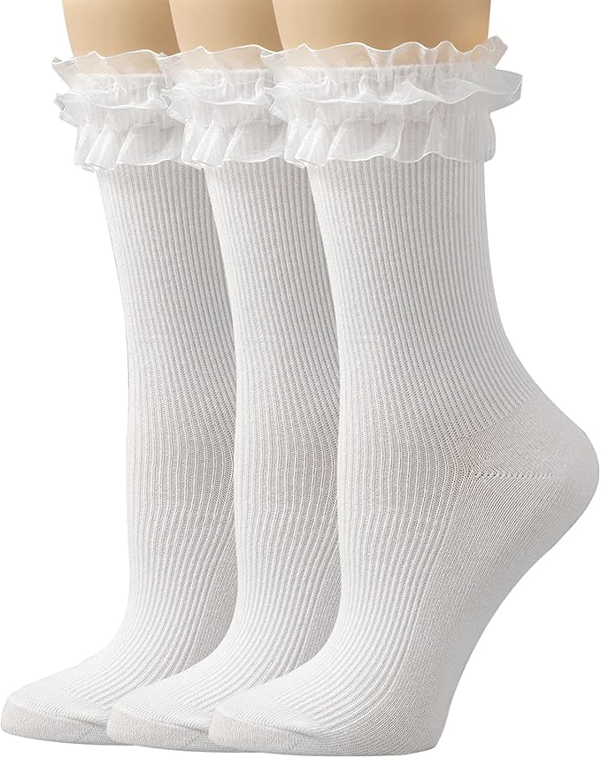女式袜子,女式踝袜,可爱的双针纯色蕾丝边女士袜, 3 双 - 白色款式 2