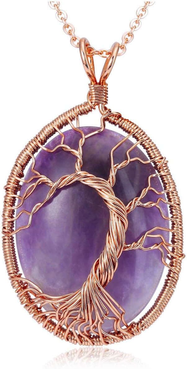 top plaza *水晶椭圆形宝石吊坠项链生命之树铜丝缠绕宝石项链 reiki