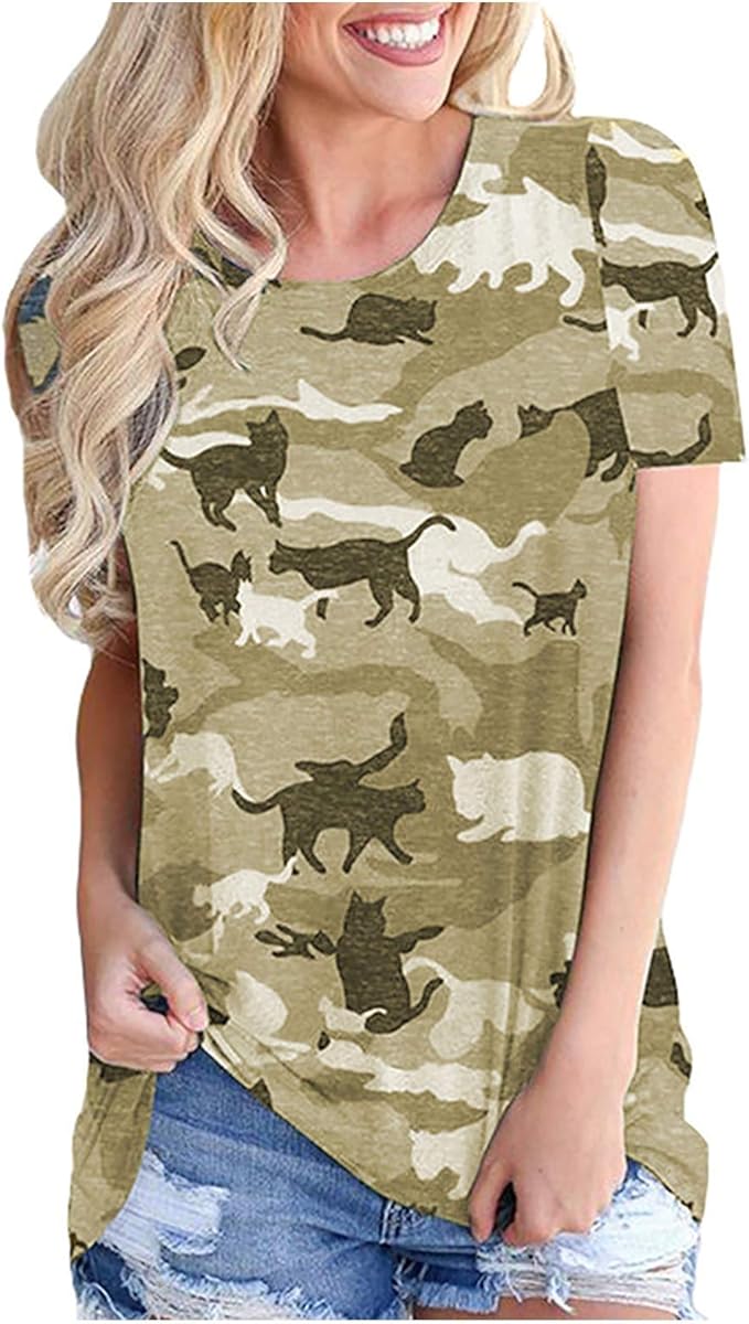 女士猫咪衬衫趣味迷彩猫图案 t 恤基本款短袖上衣圆领 t 恤猫咪爱好者
