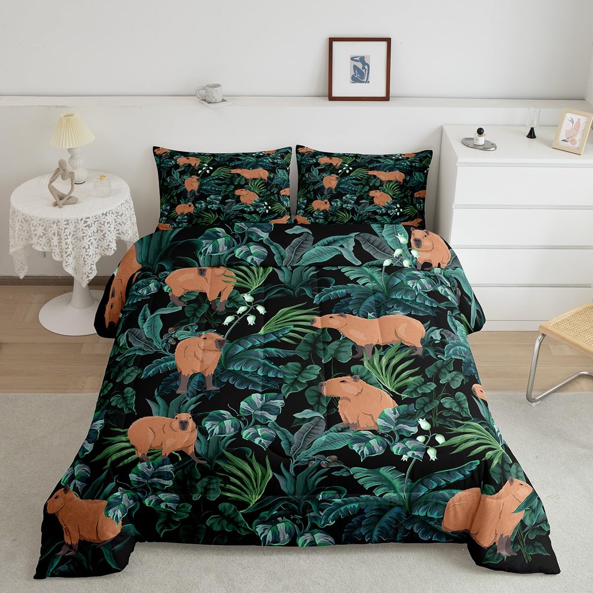 Fun Capybaras Bedding Single Bed Size Cartoon Capybara Stuffed Animal Bedding comforter Set Suitable for Children Adult Tropical Palm tree Leaf comforter Set Hawaiian duvet Insert * Summer Room decor 