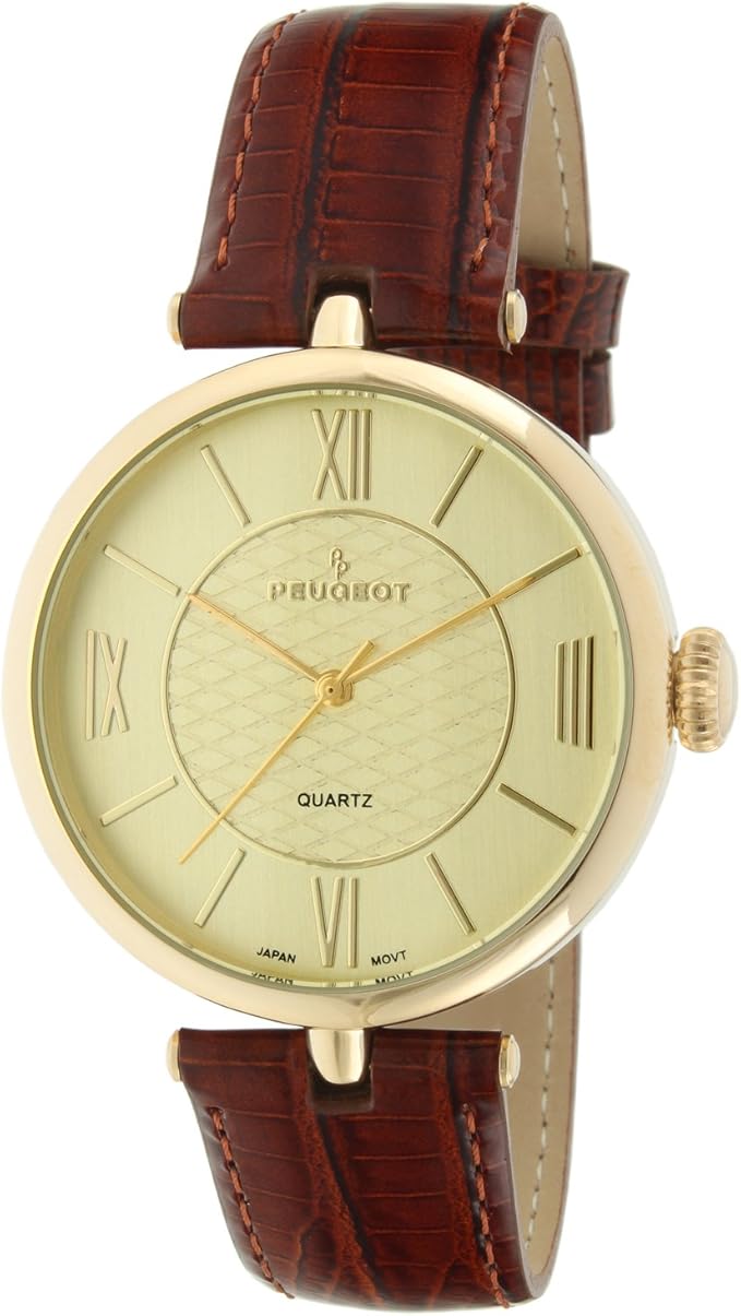 peugeot 女士优雅 14k 镀金罗马数字棕色皮革表带礼服手表 3033br
