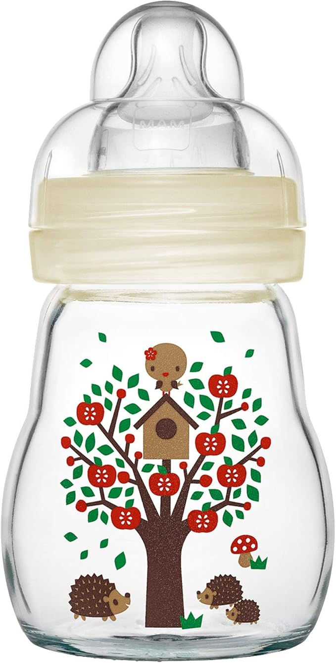 mam feel good 玻璃奶瓶(170 毫升)– 米色婴儿奶瓶带有宽开口 –