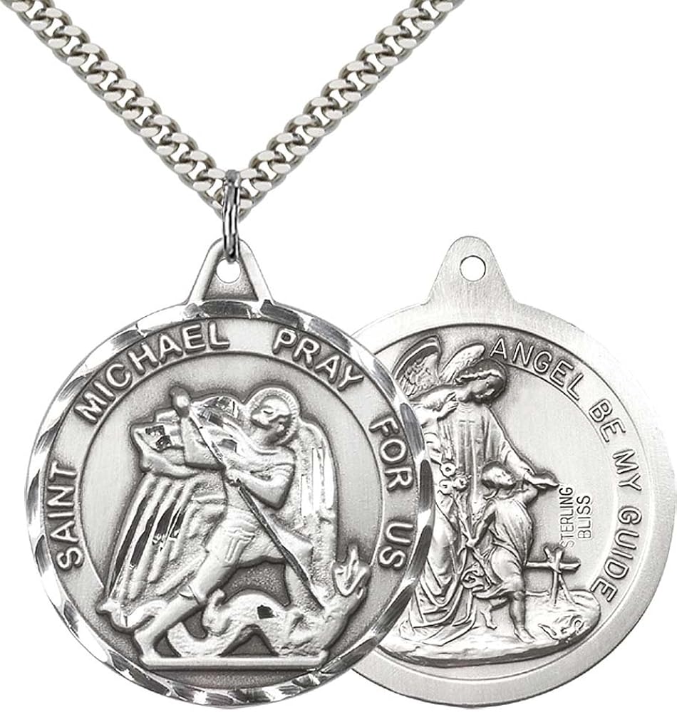 f a dumont 纯银圣迈克尔大天使吊坠带 60.96 厘米不锈钢重锁链.