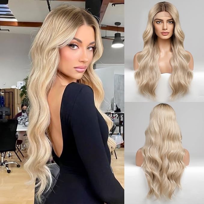 haircube 前蕾丝假发自然铂金金色假发长波浪合成假发渐变金色假发