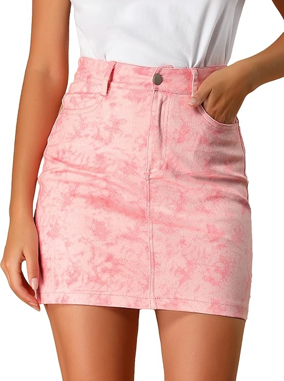 allegra k 女式扎染高腰休闲迷你紧身牛仔裙 粉色迷彩 small