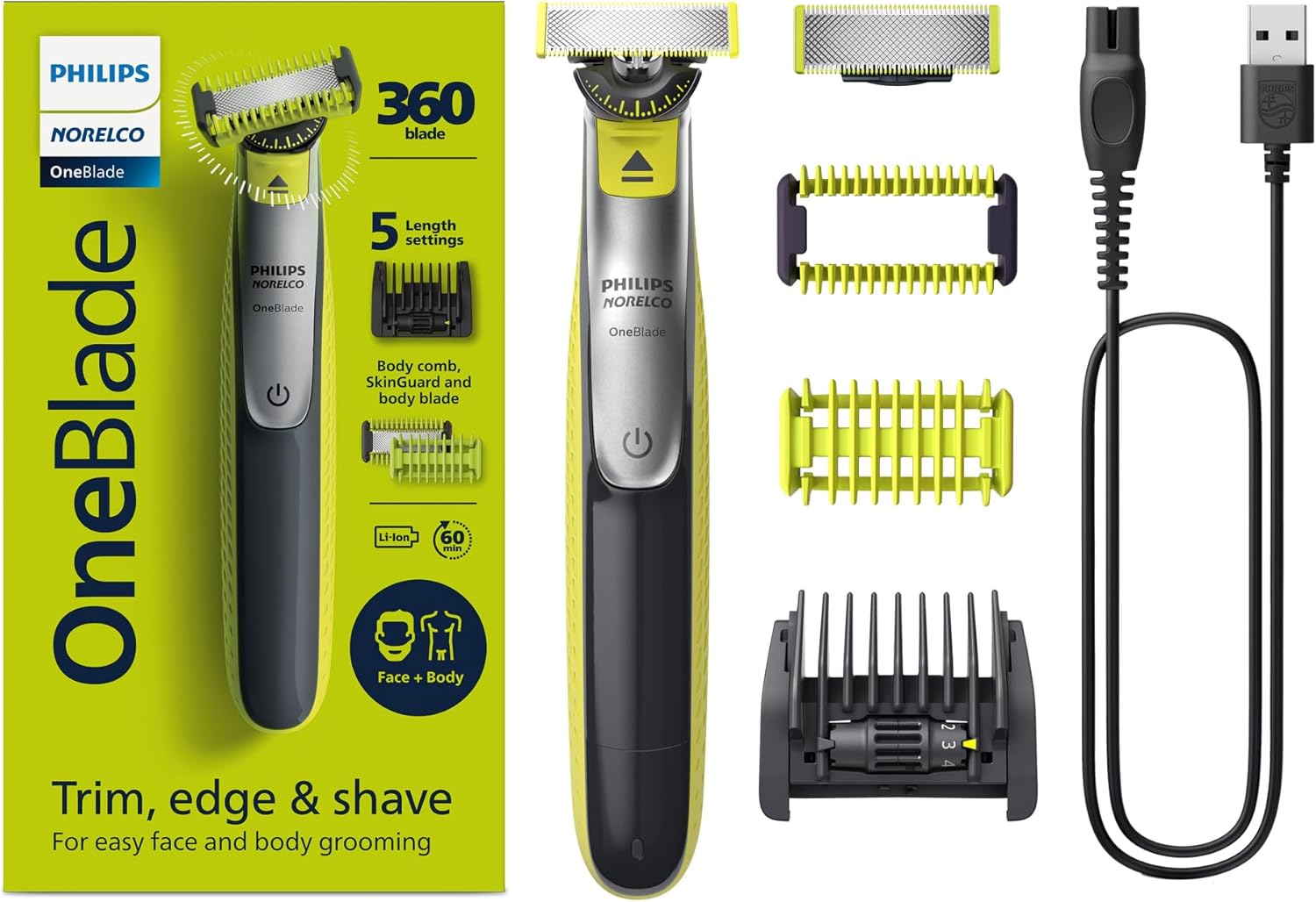 Philips 飞利浦 Norelco OneBlade 360 面部 + 身体混合电动修剪器和剃须刀，QP2834/70 : 亚马逊中国 ...